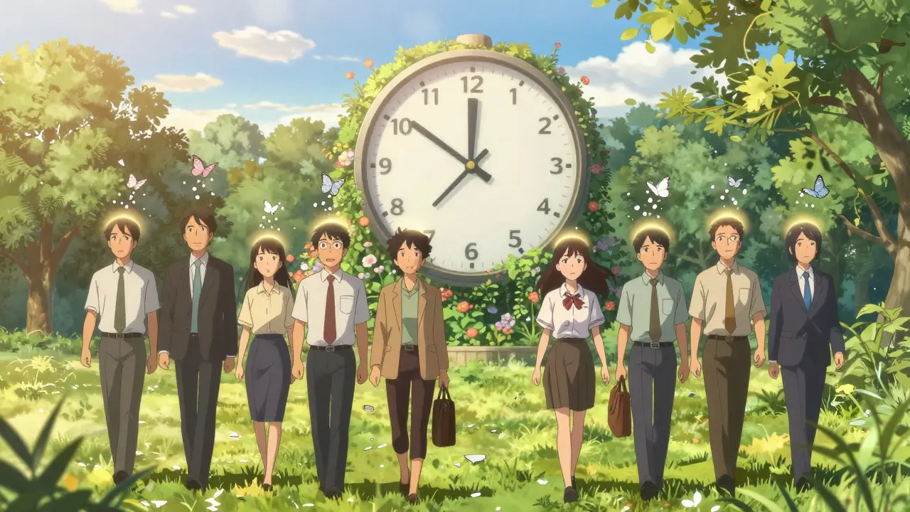 Employees walking through a park as exhaustion transforms into butterflies, with a melting clock turning into flowers in the distance.