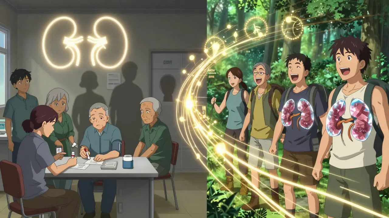 Group receiving kidney tests on one side, same people thriving years later with protective kidney armor on the other