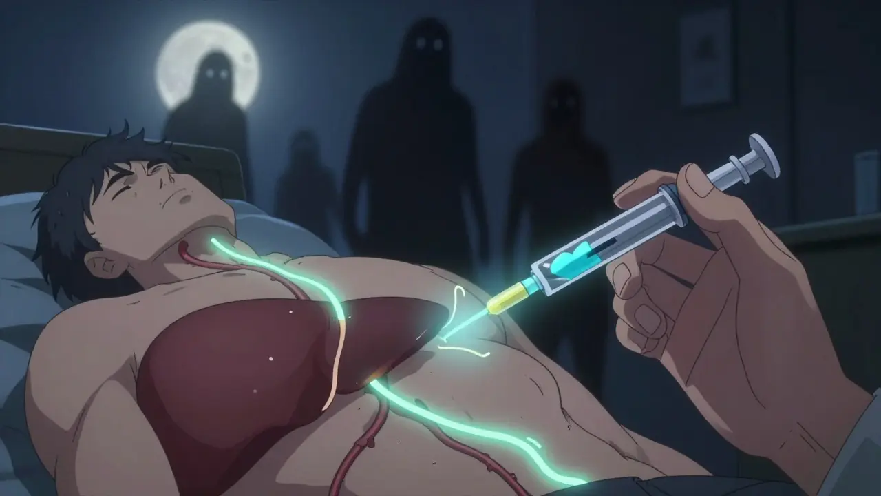 Hand injecting semaglutide at night, with glowing biological pathways showing medication effects.