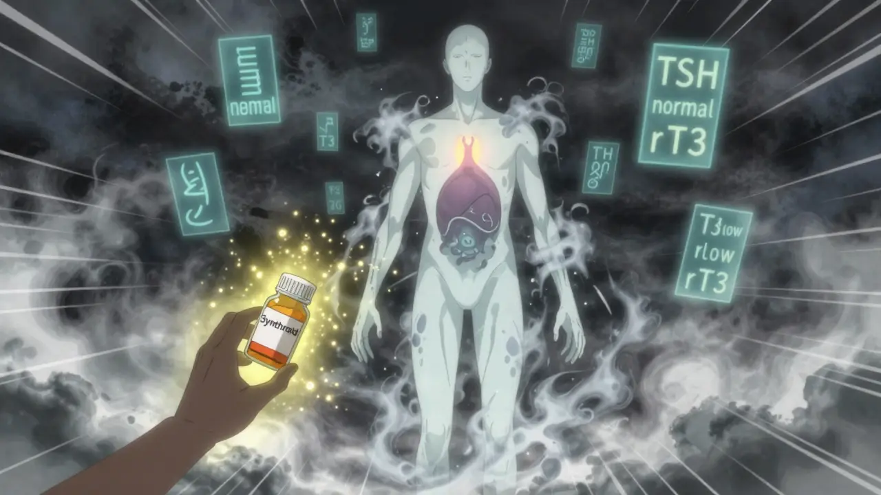 Human figure dissolving into ash, medical data runes floating around, a rejected thyroid pill surrounded by golden light.