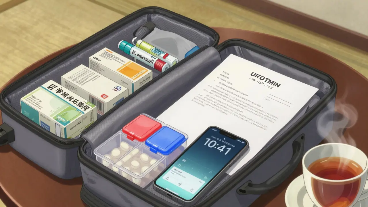 Open carry-on bag with organized meds, cooling pouch, color-coded pill case, and doctor’s letter on hotel table.