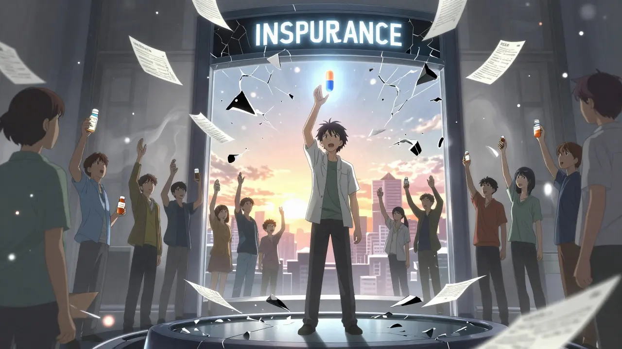 Patient grasping brand-name pill as denial letters shatter, others stand in solidarity behind them under sunrise.