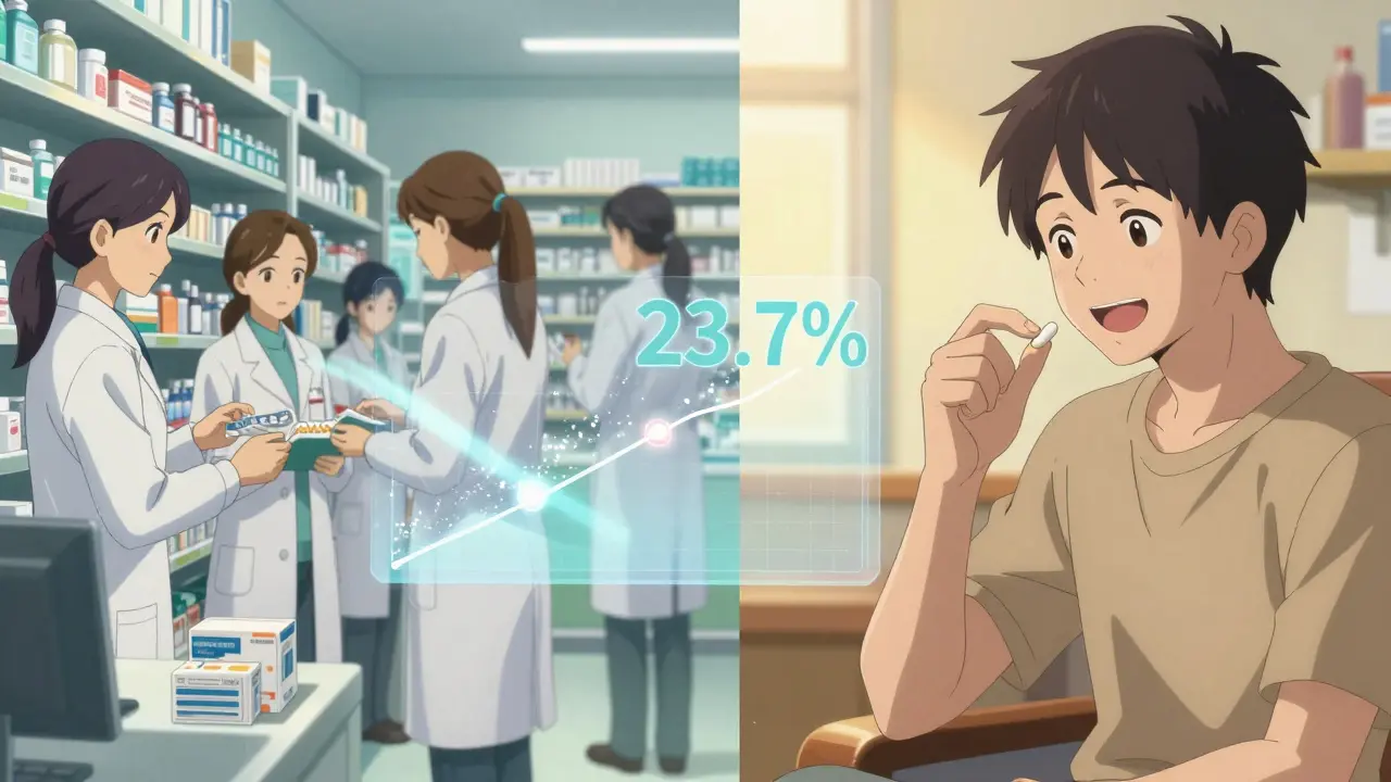 Patient taking generic metformin at home as adherence rate graph floats between them and a pharmacy scene.