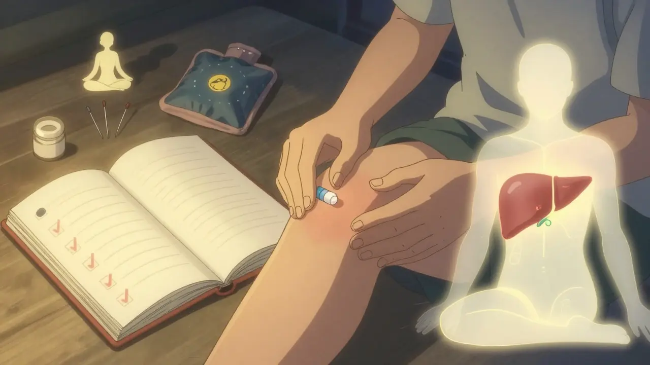 Person applying topical pain gel at night, healthy liver glows softly beside a medication journal.