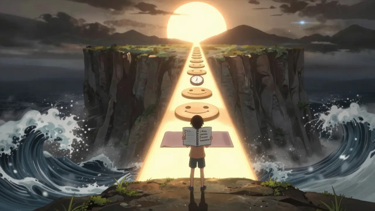 Person standing on a cliff holding a journal, walking a path of light as stormy waves crash below.