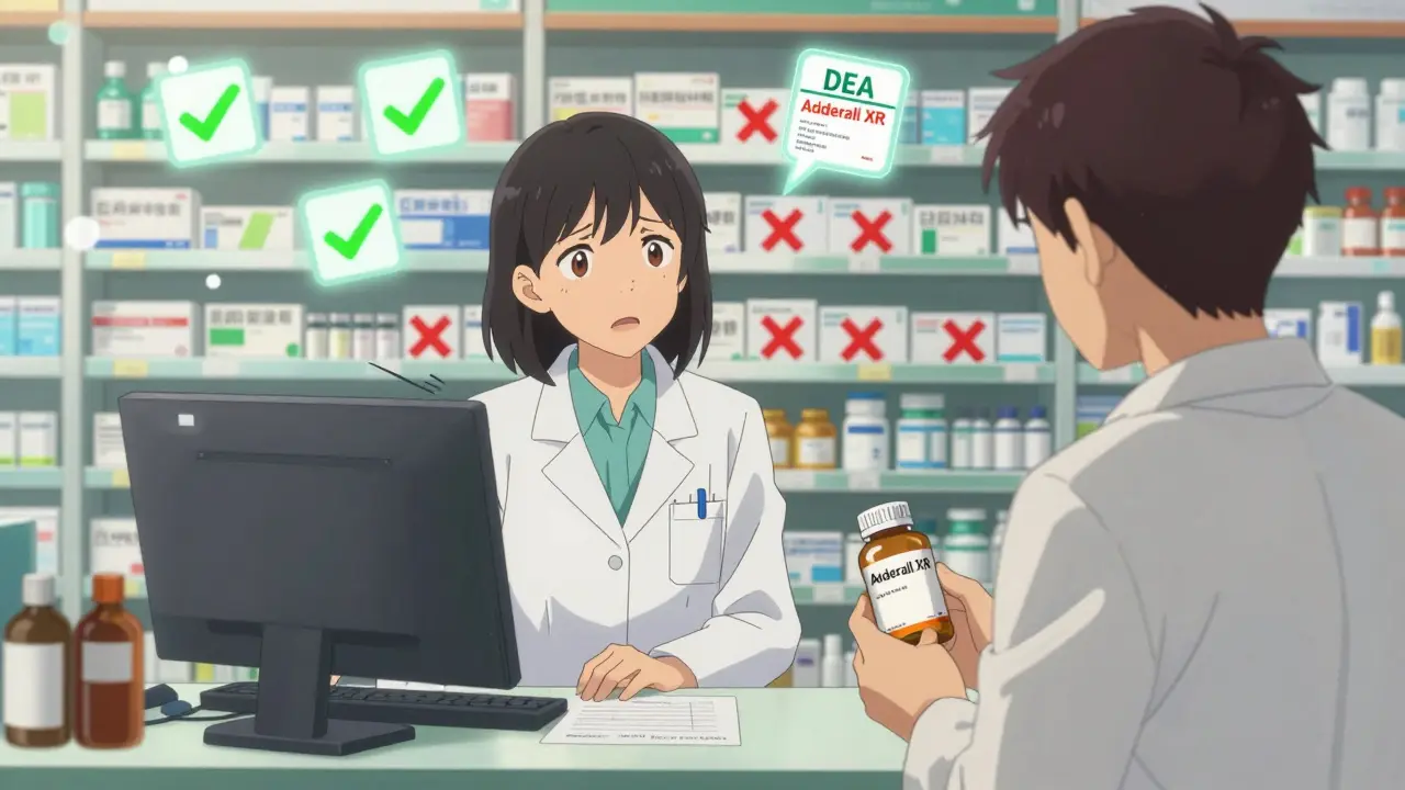 Pharmacist facing a rejected telemedicine prescription for Adderall while patient waits anxiously.