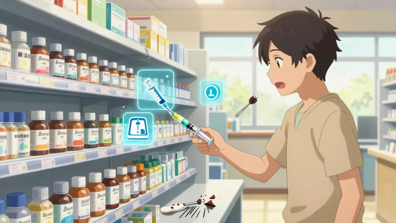 Pharmacist giving a parent a color-coded oral syringe in a bright pharmacy, with mL-labeled bottles in background.
