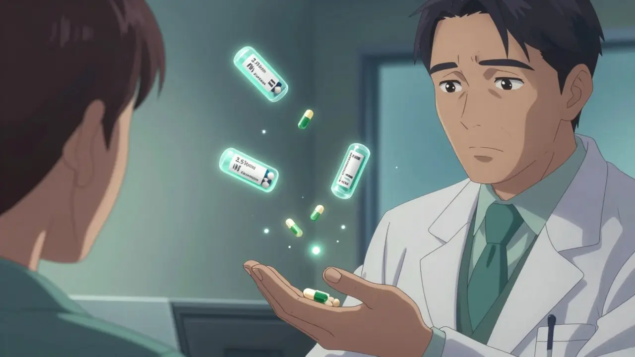 Pharmacist handing a generic pill to a patient, with molecular structures visible inside floating pills.