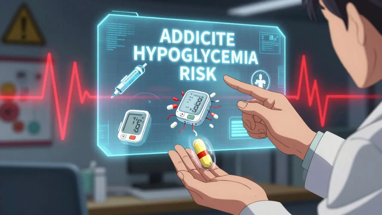 Pharmacist handing ginseng capsule while holographic warning glows with medical icons around.