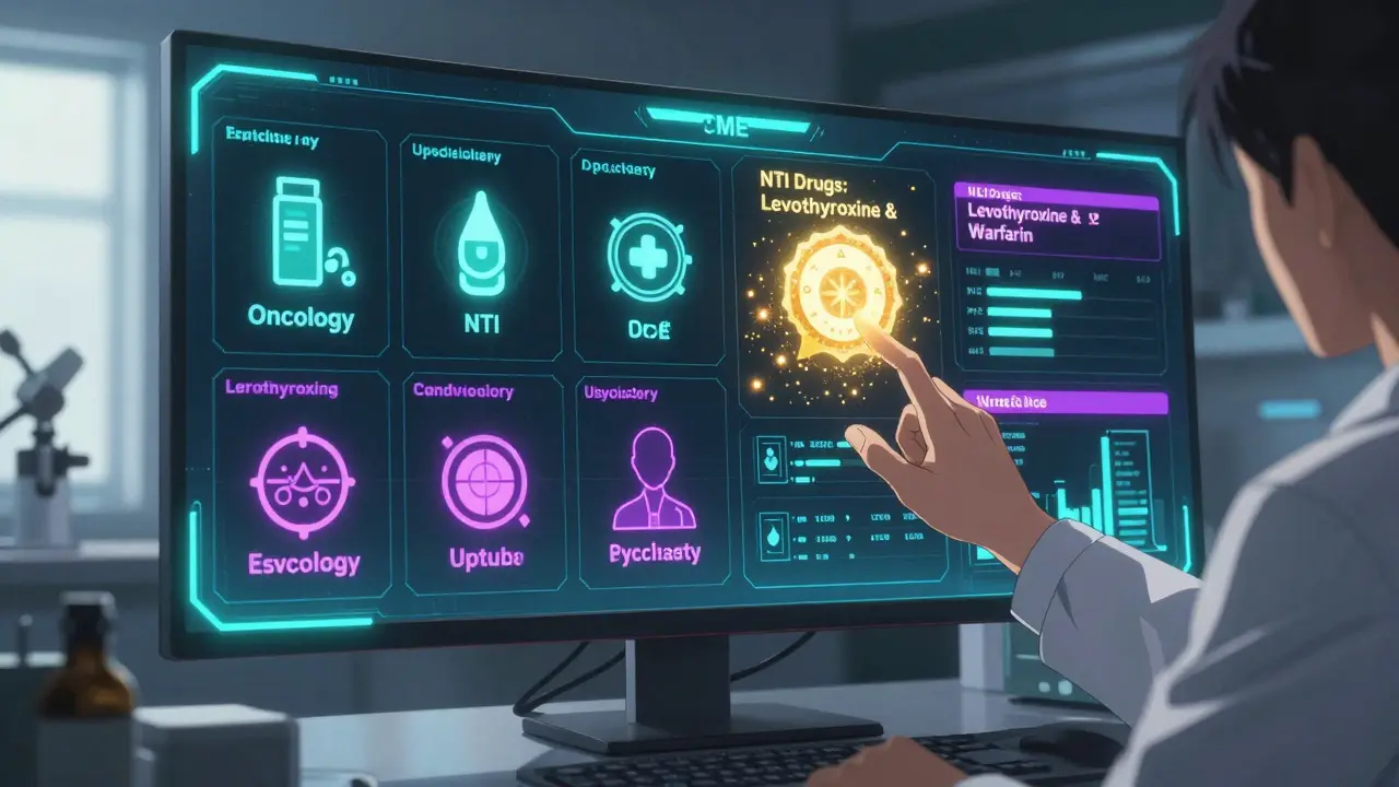 Physician interacting with a futuristic CME dashboard featuring specialty modules for generics and biosimilars.