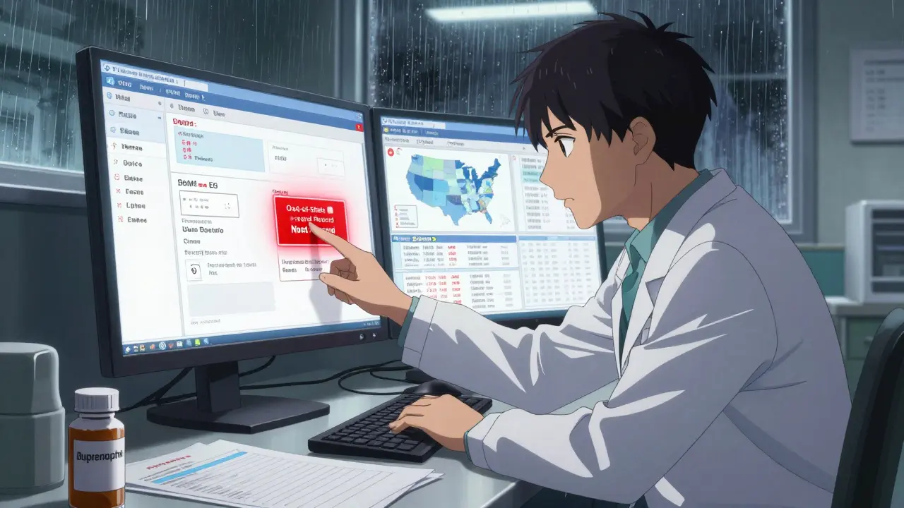 Psychiatrist struggling with incomplete state prescription data during a telemedicine consultation for controlled substance.