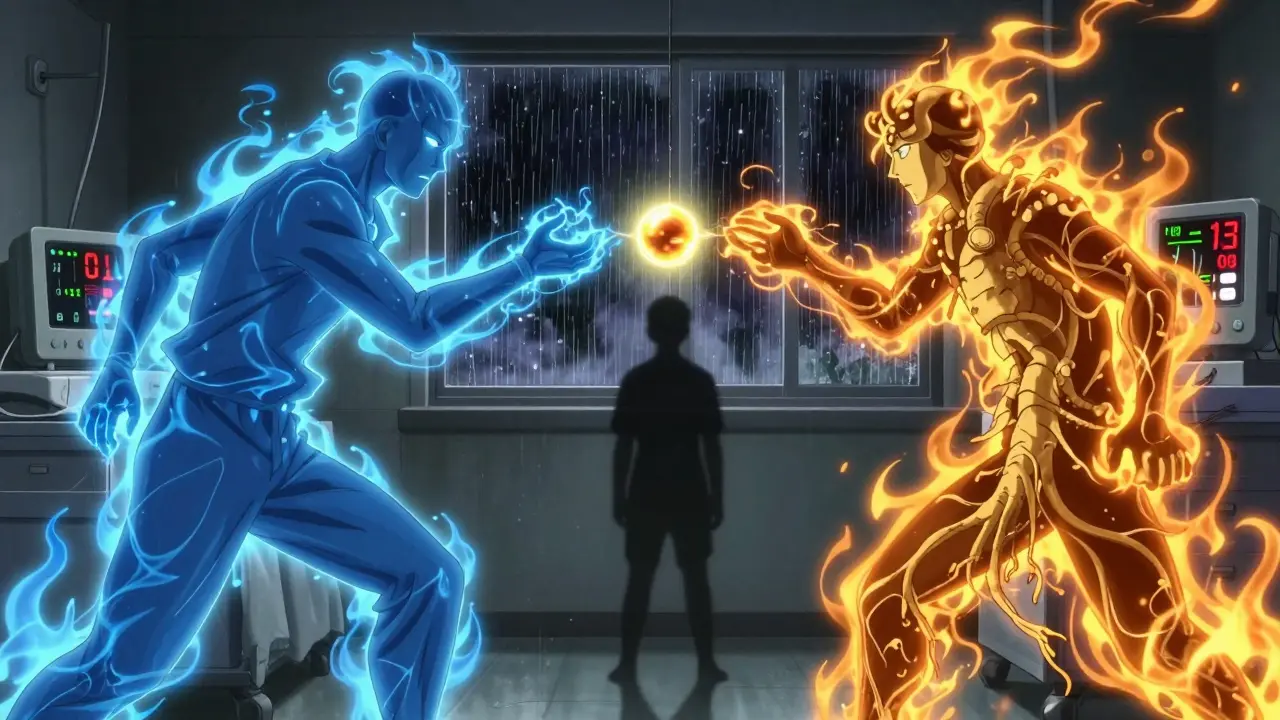 Spectral figures of metformin and ginseng pulling on a glucose molecule, patient caught between them.