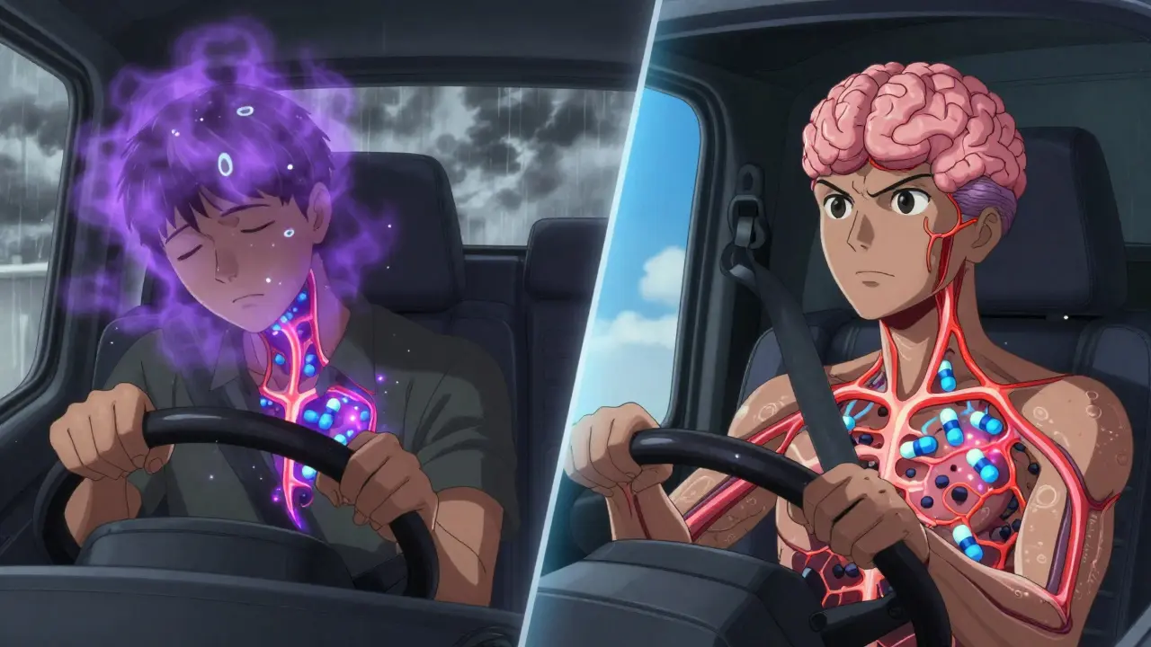 Split scene: drowsy driver vs. alert driver with contrasting bloodstream visuals.