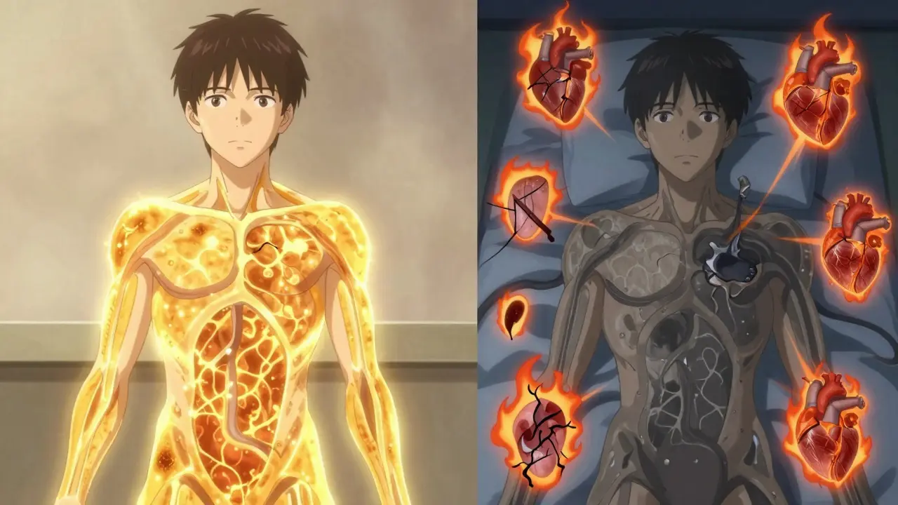 Split scene: healthy body with vibrant hormones vs. ill body with collapsed energy and sludge-like reverse T3.