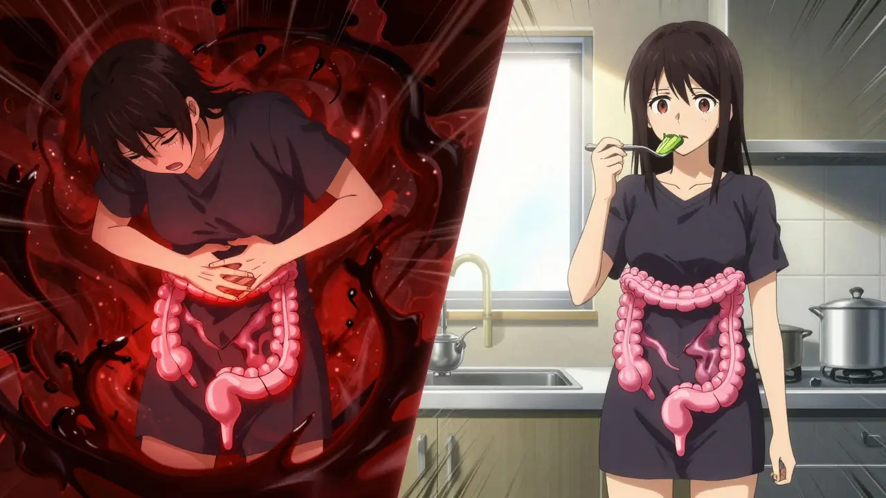 Split scene: person in pain during flare vs. person eating calmly in remission.