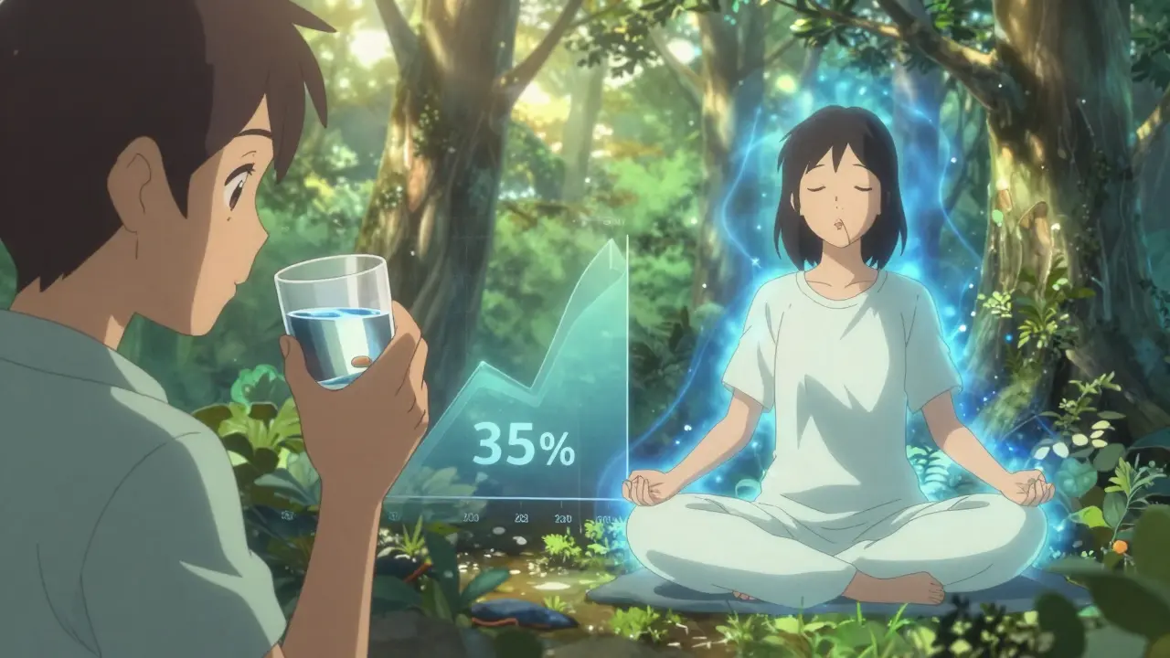 Split scene: person taking medication on one side, practicing mindfulness in nature on the other.