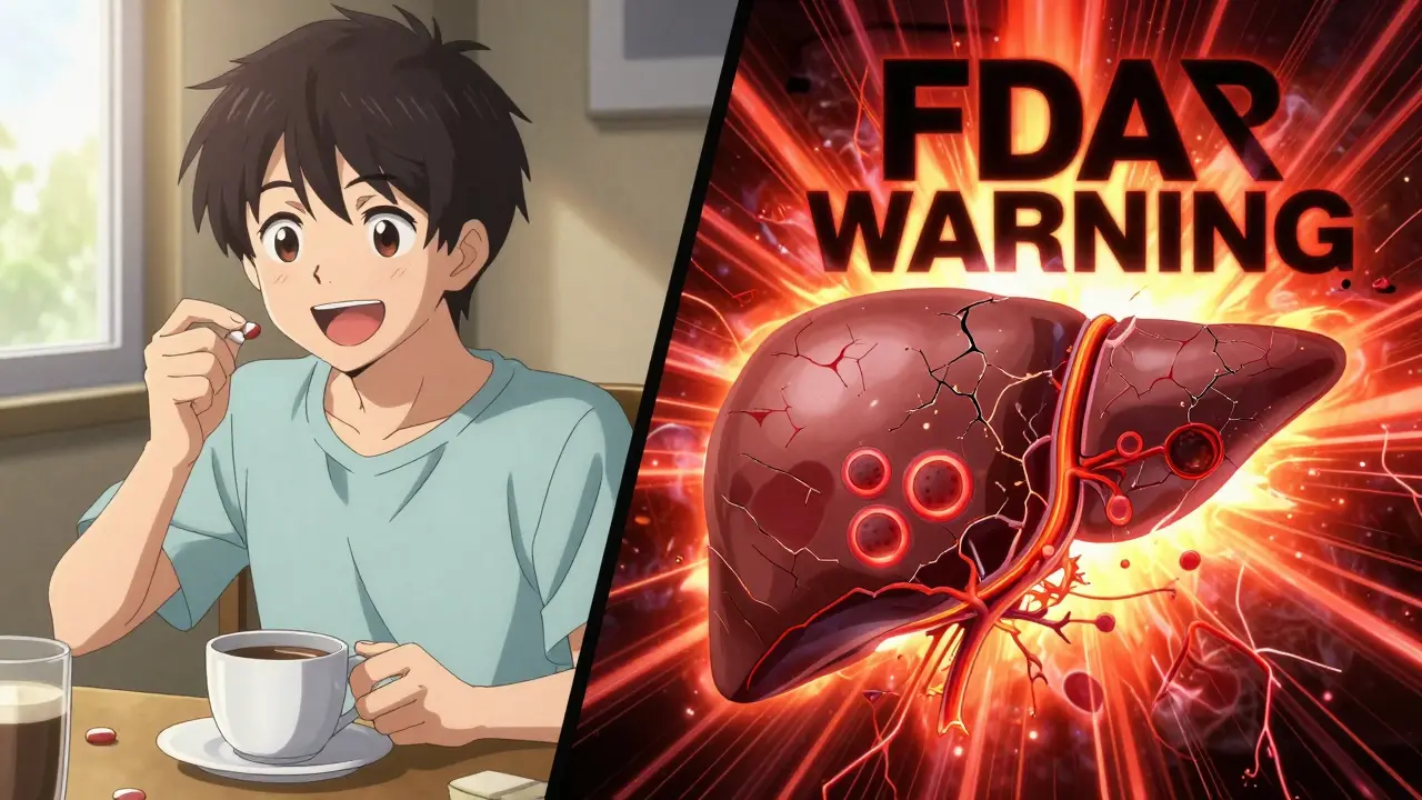 Split scene: person taking pills vs. their liver crumbling with glowing red damage.