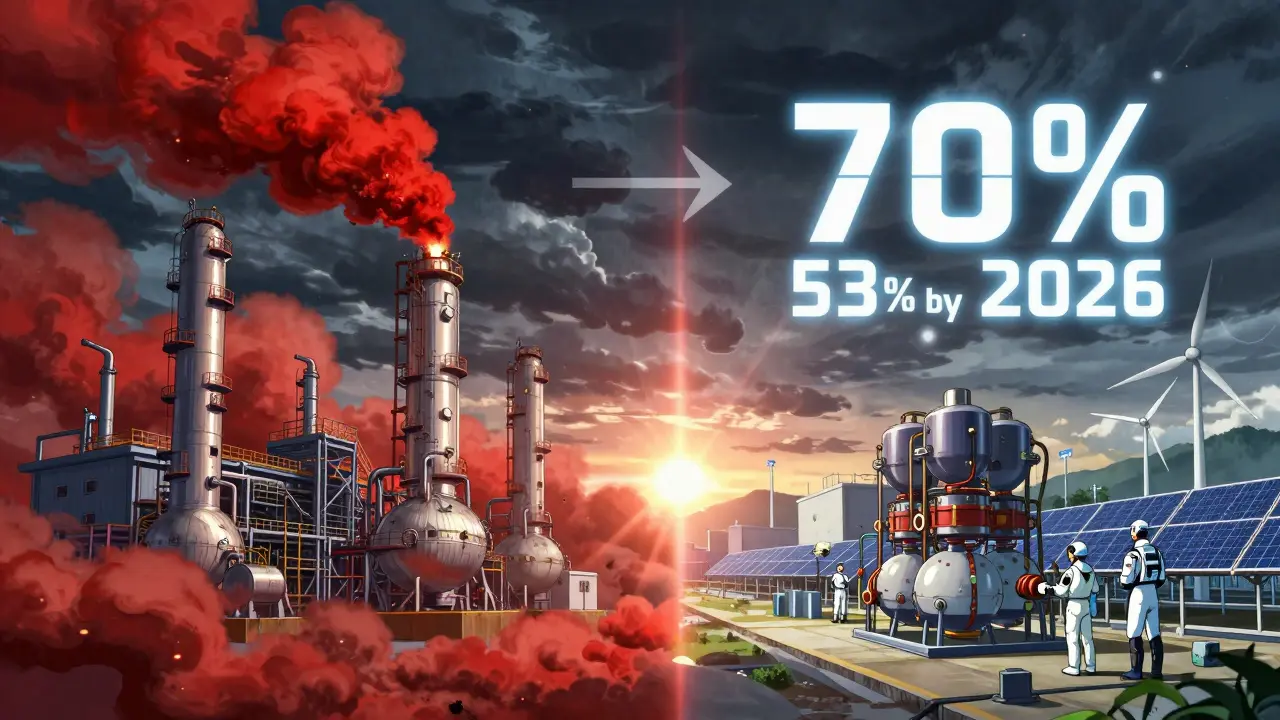 Split scene: smoky Chinese API plant vs. emerging Indian API facility with countdown to self-sufficiency.
