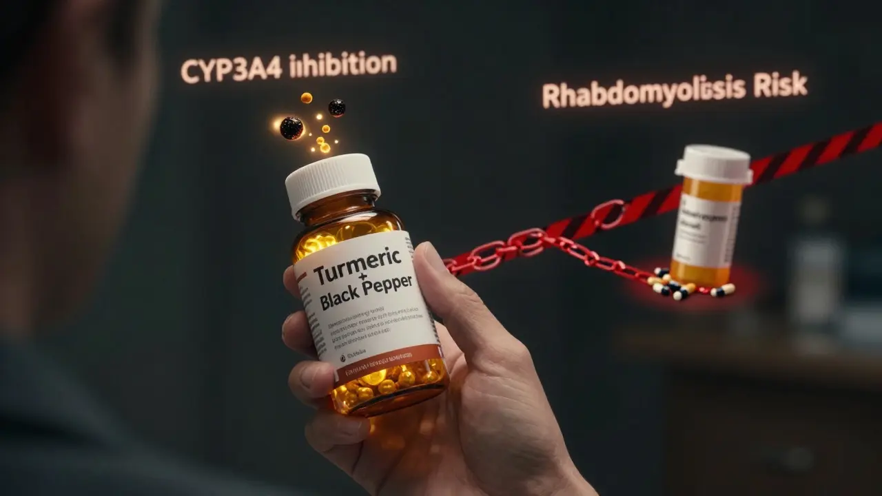 Supplement bottle releasing glowing curcumin and piperine molecules threatening statin pills