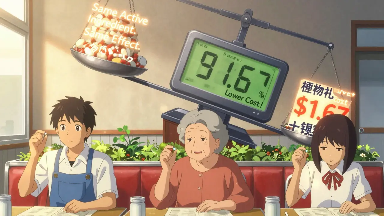 Three diverse patients holding generic pills, radiant light surrounding them as cost-saving data flows in the background.