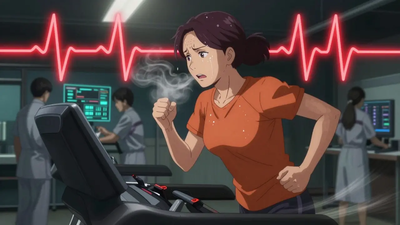 Woman exercising on a treadmill during a stress test with vivid ECG readings.