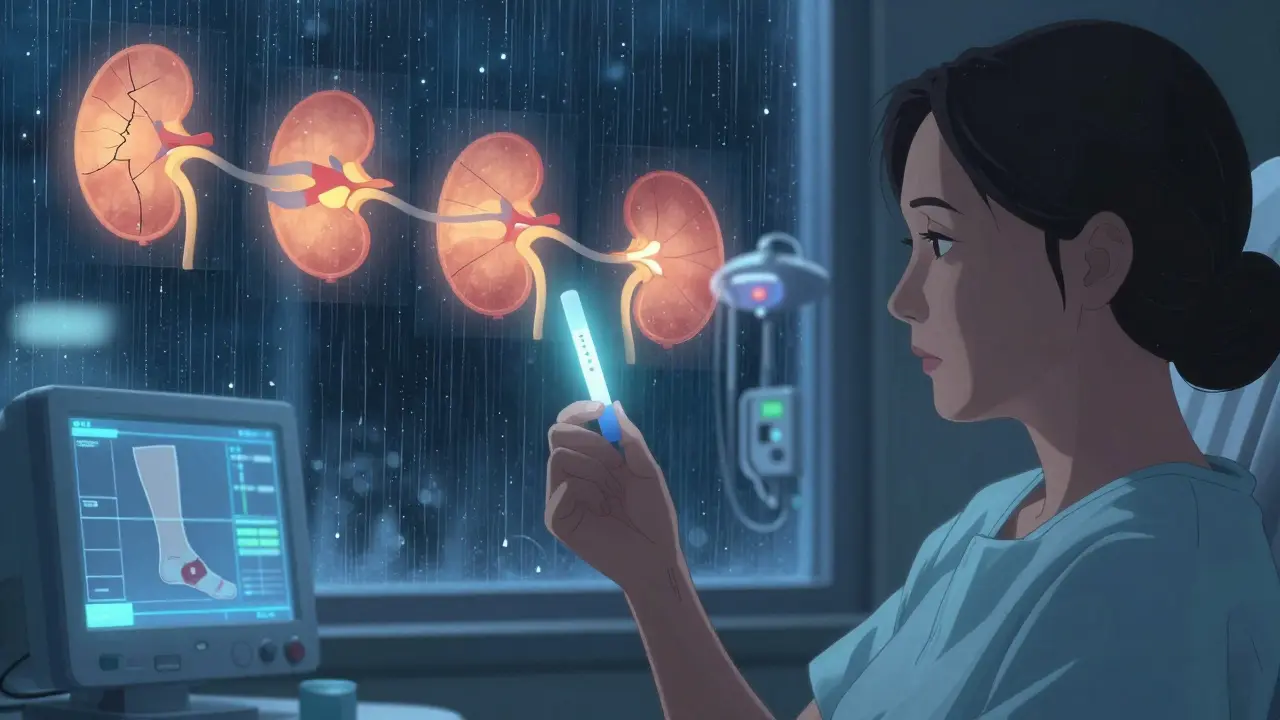 Woman holding a glowing urine test strip as translucent kidney stages fade behind her in a hospital