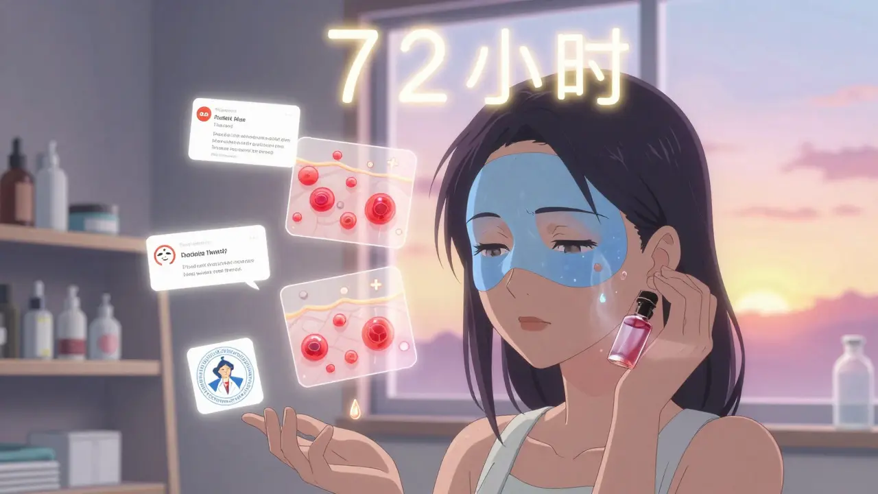 Woman performing a 72-hour patch test with glowing timer and microscopic skin reactions visible in translucent overlays.