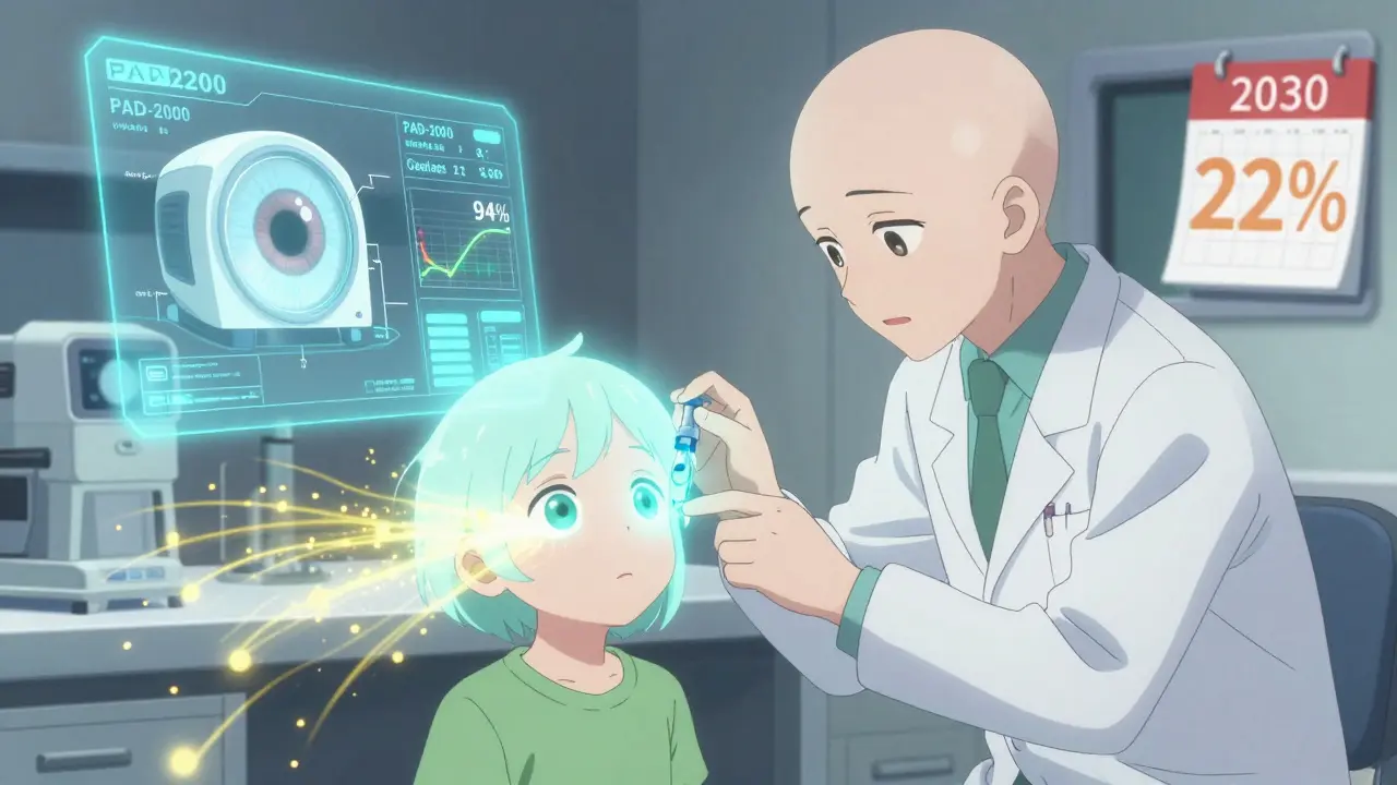 A child receives a glowing eye drop in a futuristic clinic, with holographic health data and fading light aura around their eyes.