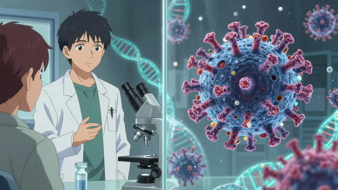 A doctor and patient in a clinic, with a stylized virus evolving under a microscope beside them.