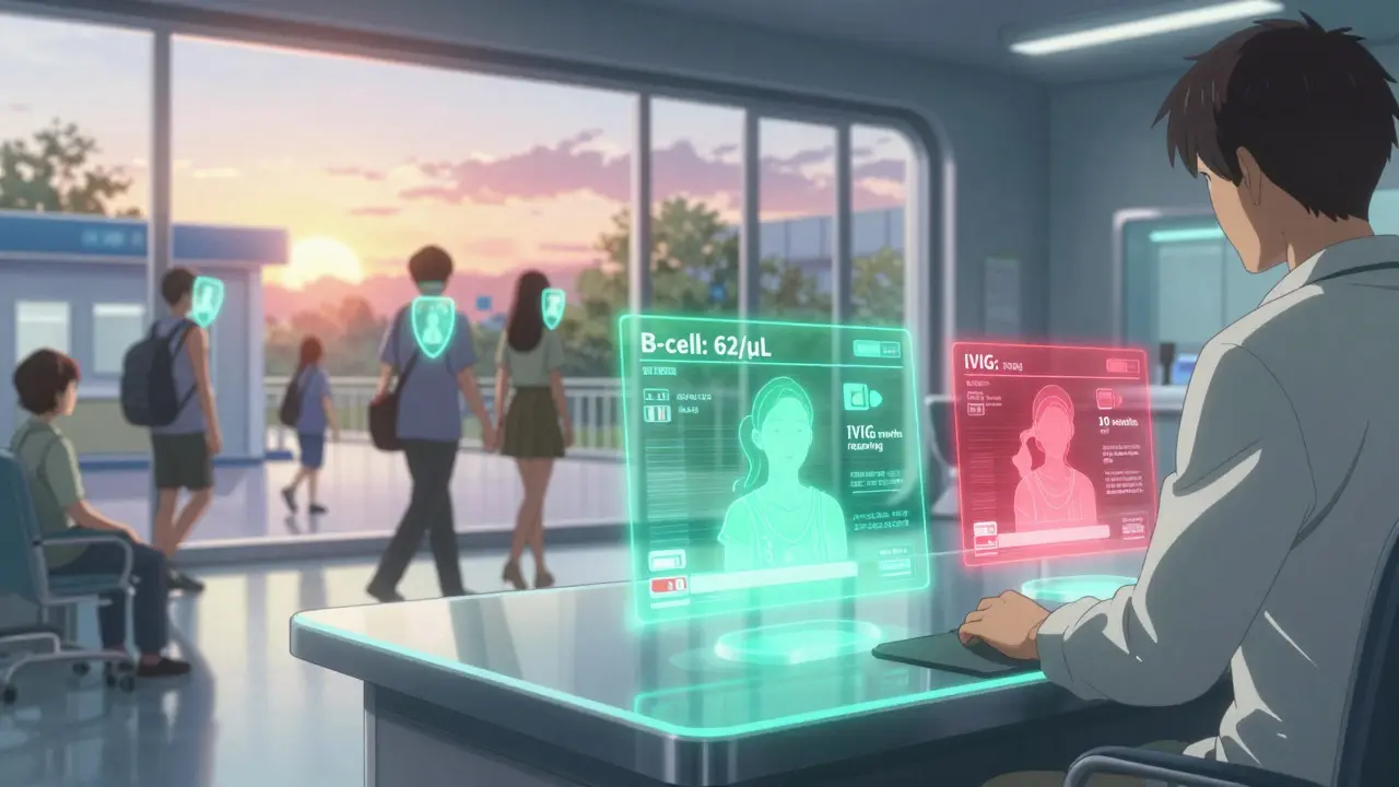 A futuristic hospital dashboard displays patient immune data with vaccine eligibility alerts in glowing holograms.