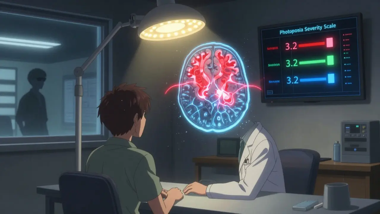 A glowing brain scan shows heightened neural activity in a patient with photophobia, surrounded by medical symbols and warm lighting.