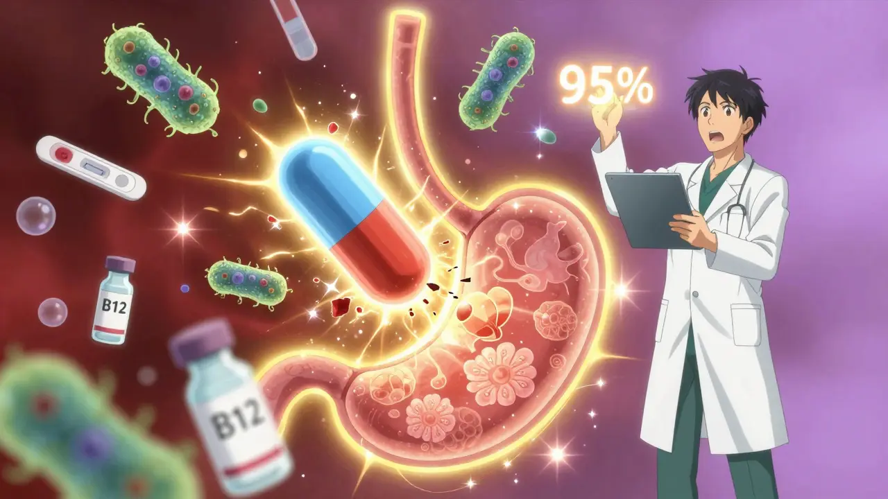 A healing stomach with a shattered antibiotic-resistant bacteria chain in radiant light.