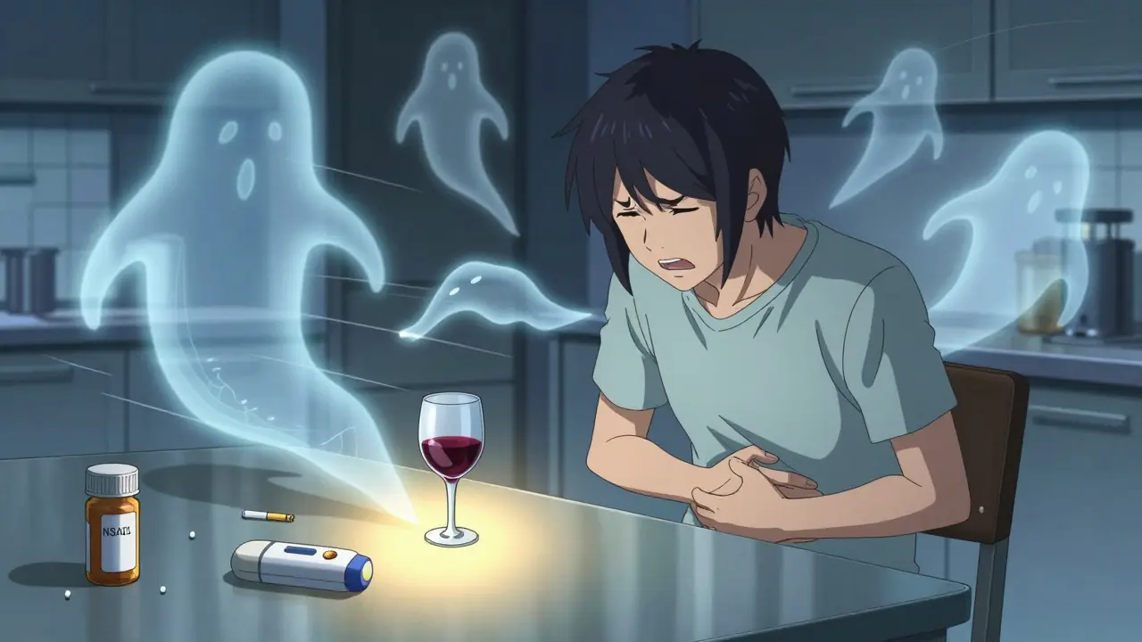A person in pain surrounded by ghostly symbols of NSAIDs, alcohol, and smoking.