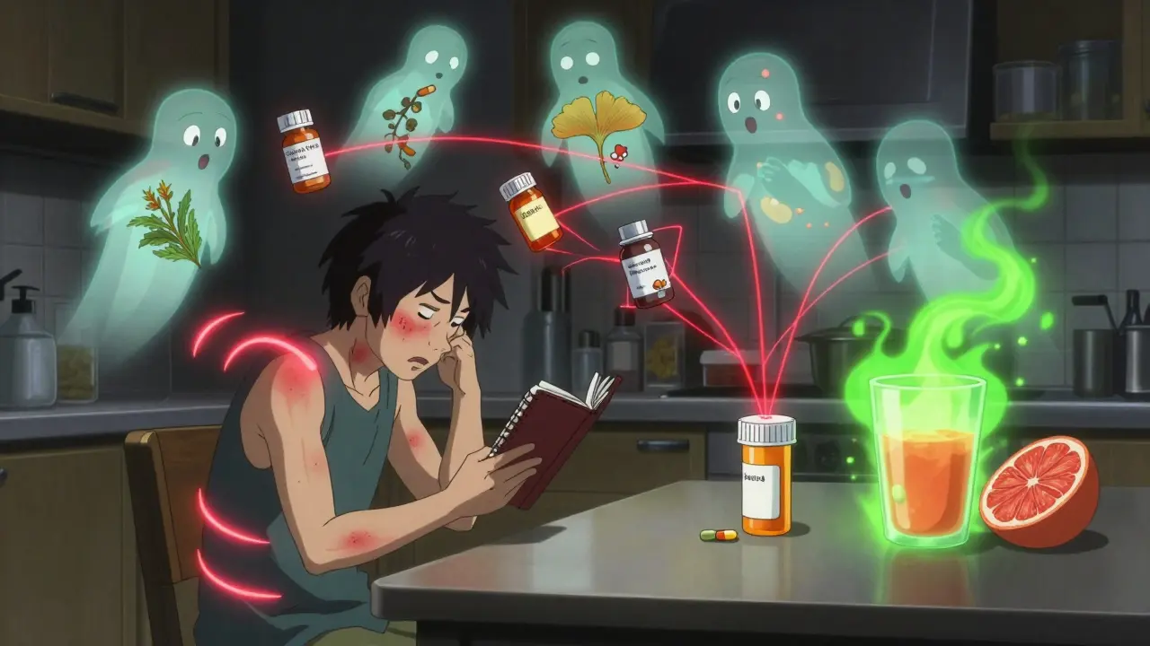 A person journaling symptoms as herbal supplements and OTC drugs emit glowing interaction lines to a prescription pill with grapefruit juice.