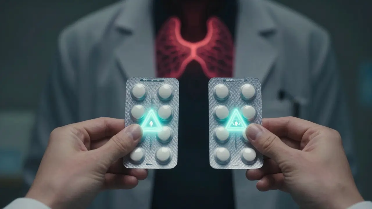 A pharmacist placing two generic pills with glowing warning symbols, while a patient's thyroid glows erratically in the background.