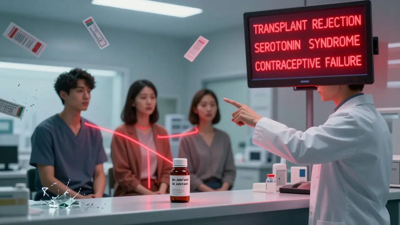 A pharmacist points at warning alerts as three patients are linked by red lines to a St. John's Wort bottle on a counter.