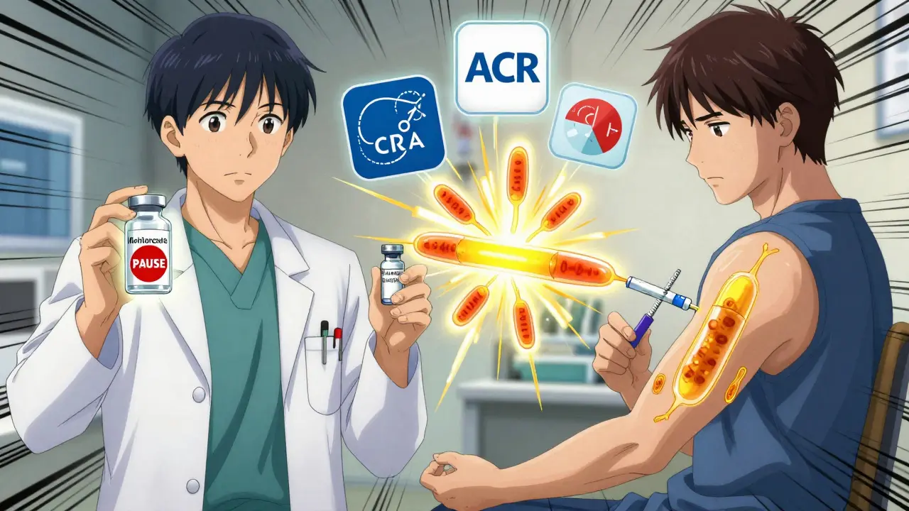 A rheumatologist pauses methotrexate treatment while a patient receives a flu shot, with medical guidelines floating around them.