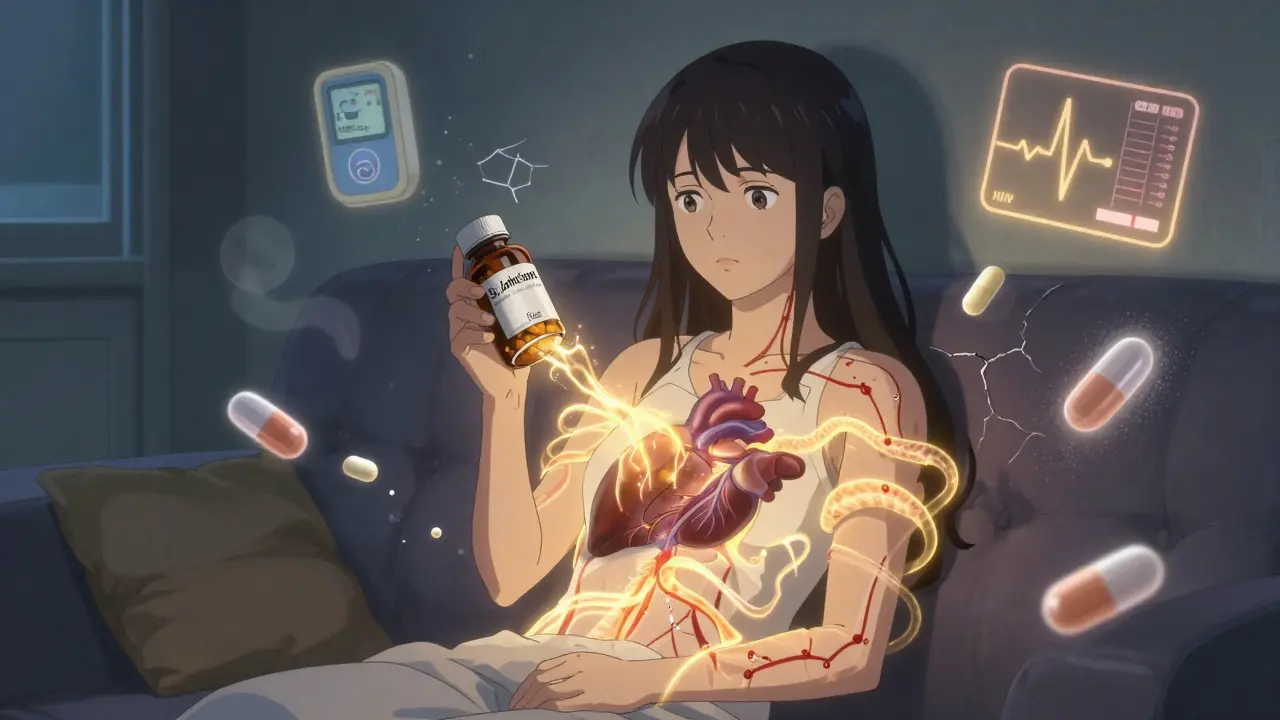 A woman holds St. John's Wort as invisible energy tendrils dissolve her medications, with medical icons fading around her.