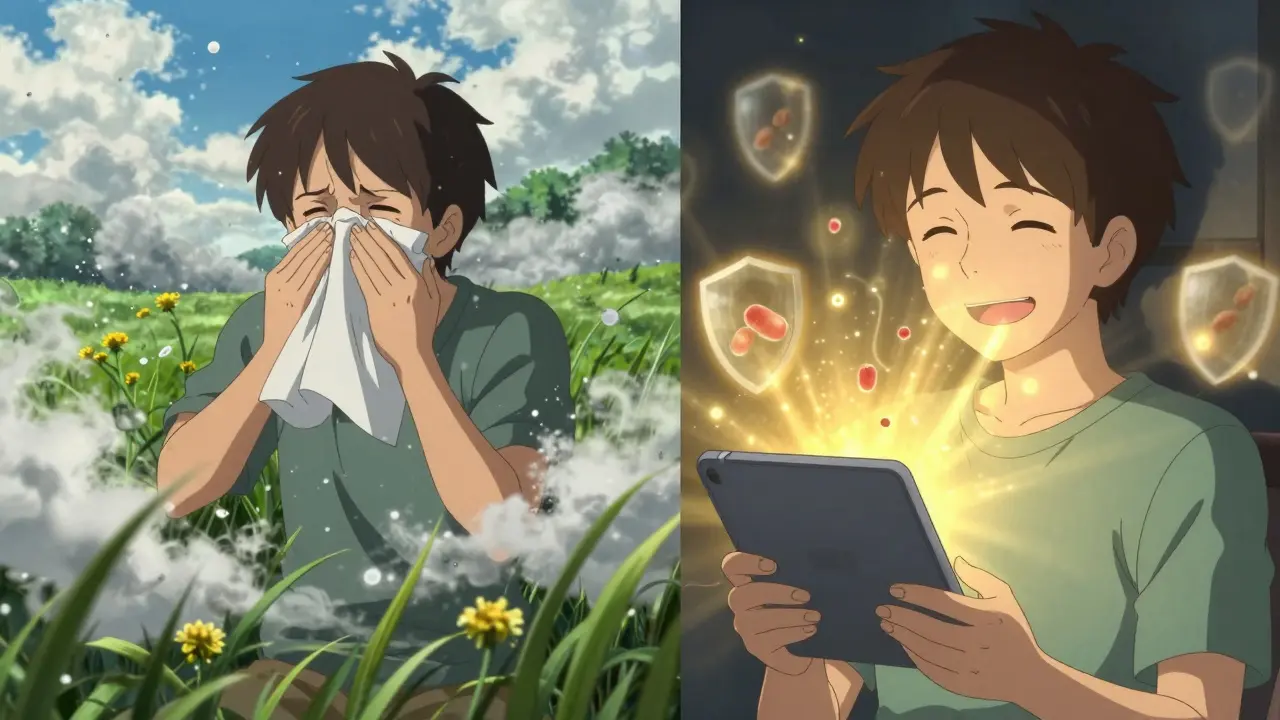 Contrasting scenes of allergy suffering and relief, with glowing immune responses neutralizing pollen allergens.
