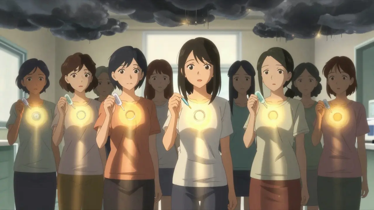 Diverse women in a clinic, IUDs glowing with golden light as dark clouds loom over patch and ring.