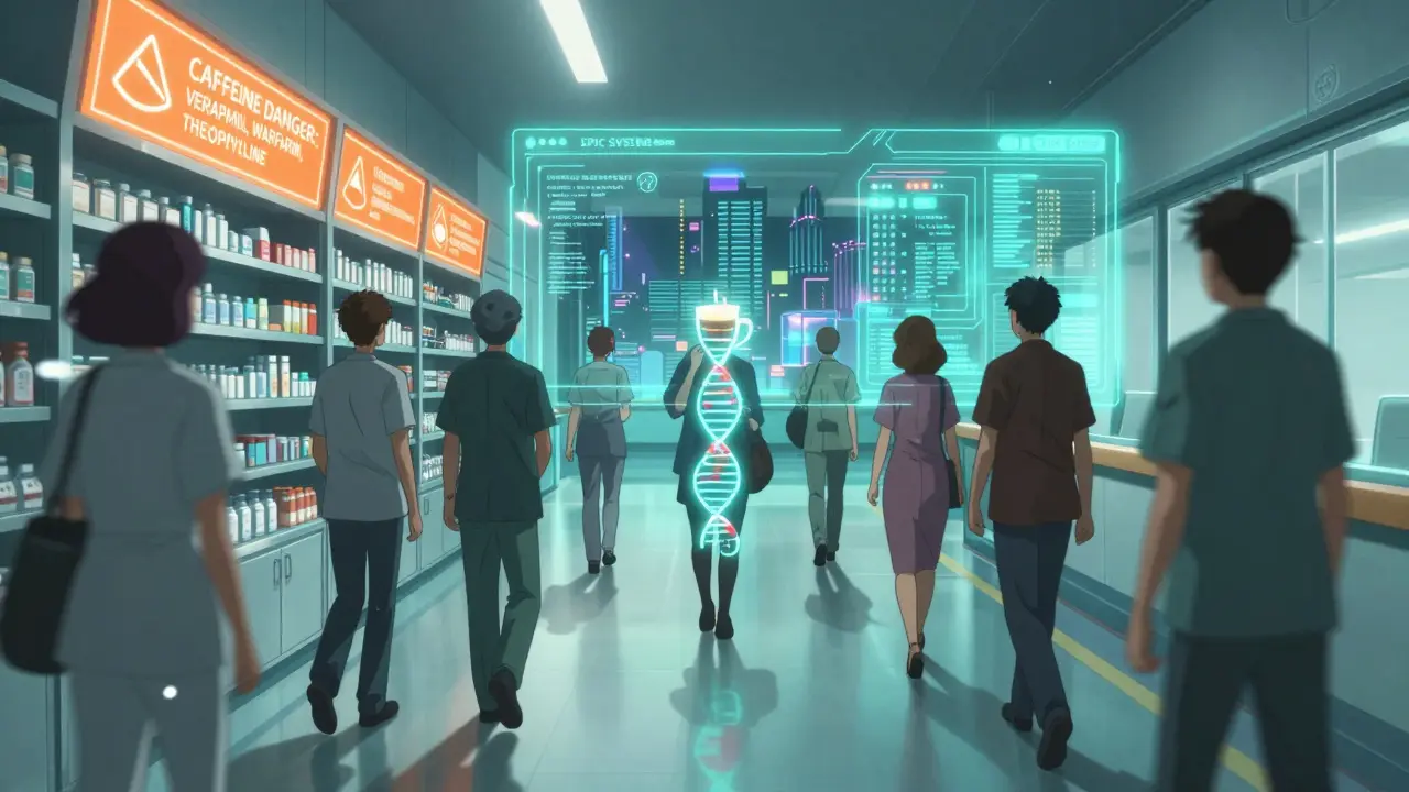 Holographic caffeine warnings in hospital, patients with coffee-shaped shadows and genetic DNA glow.