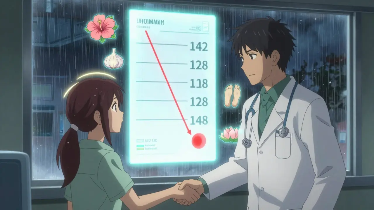 Medical chart with natural remedy icons dropping blood pressure numbers.