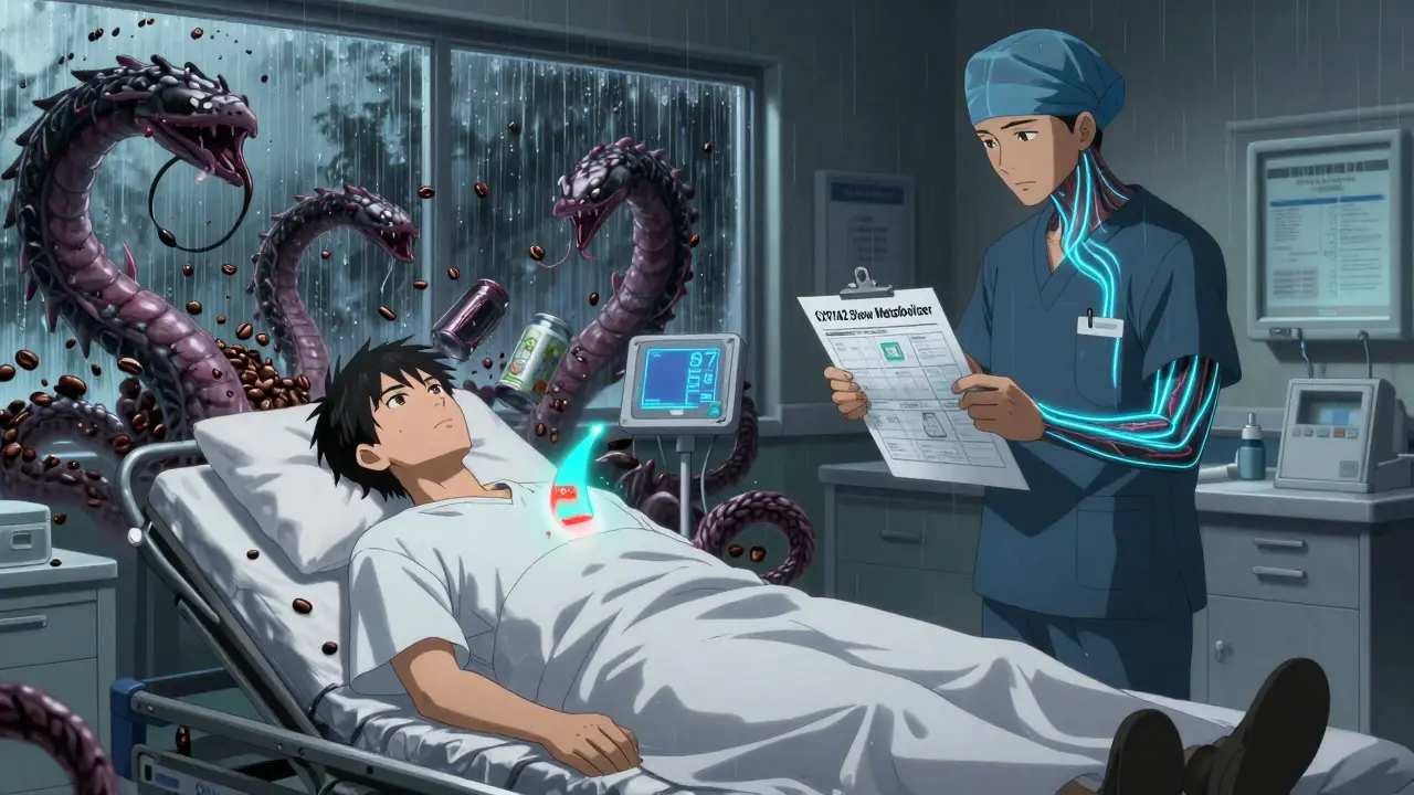 Patient in ER with spiked INR meter, coffee and energy drinks transforming into serpents.