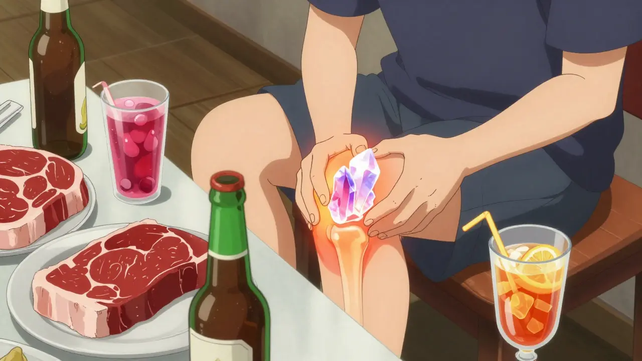 Person at dinner with beer and meat, joint crystals forming.