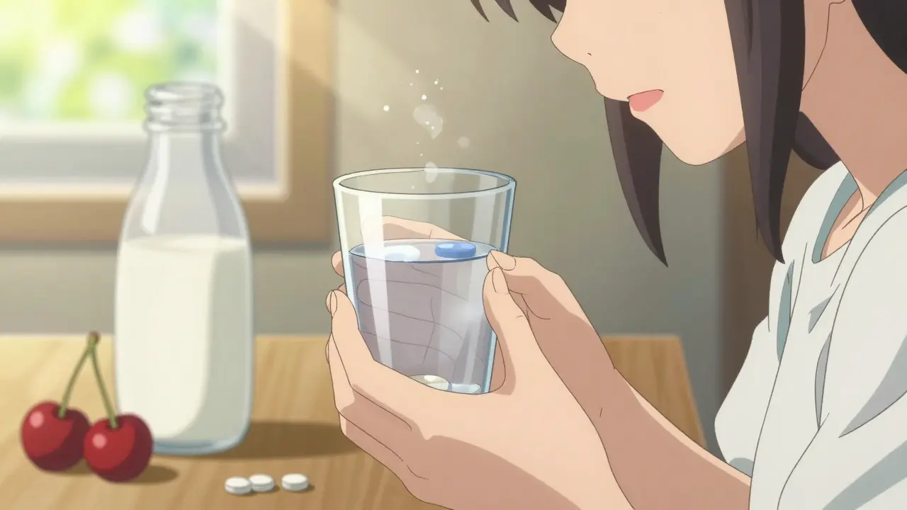 Person taking medication with cherries and water for gout management.