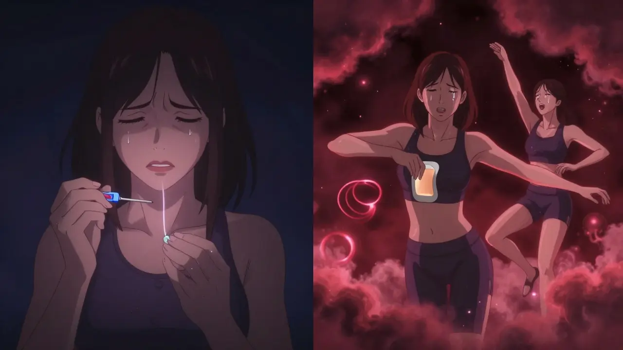 Split scene: hormonal IUD releasing gentle vapor vs. patch peeling and ring slipping out during activity.