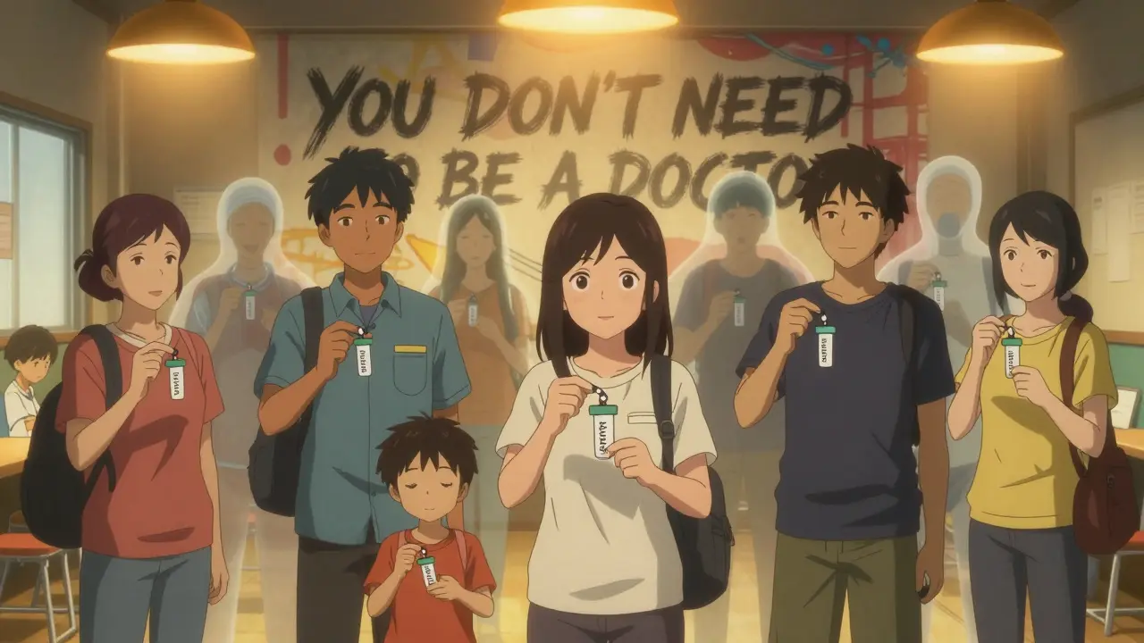 A diverse group holds naloxone kits in a community center, ghostly silhouettes of saved lives fading around them in warm golden light.