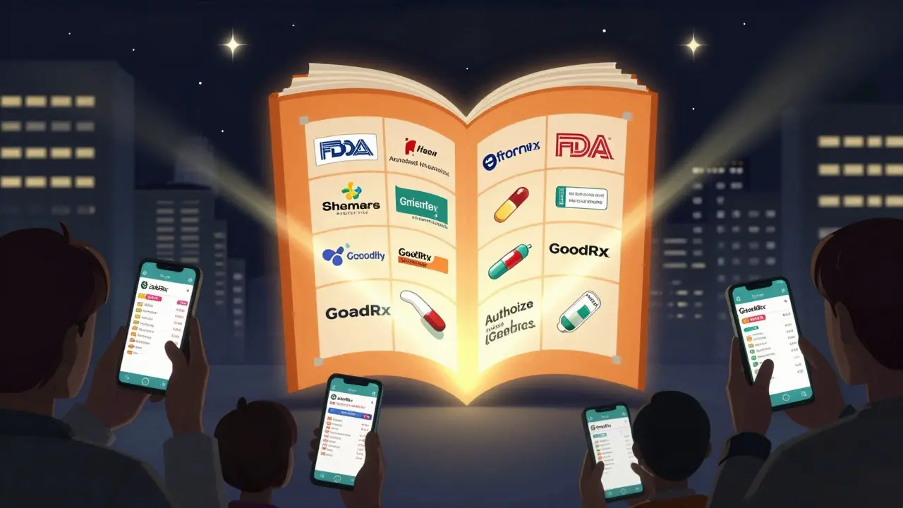 A glowing FDA Orange Book reveals authorized generics in a city of pharmacies, with patients using apps to find lower drug prices.