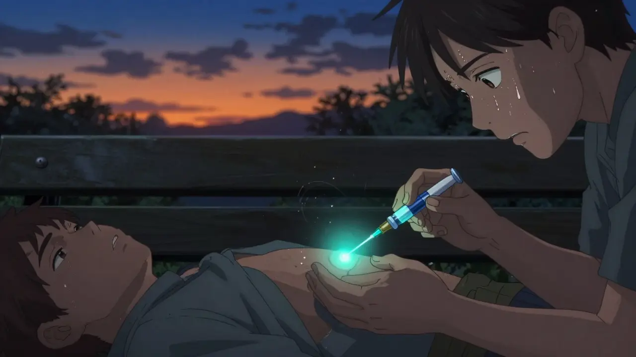 A hand injects naloxone into a thigh during an opioid overdose, with faint cyan energy radiating as breathing begins to return.