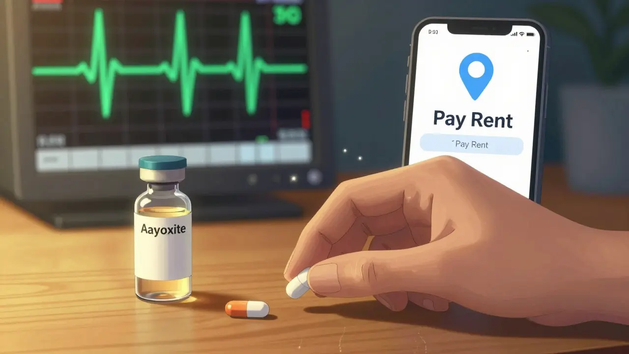 A morning routine with ADHD medication and a location-based phone reminder, illuminated in warm and cool tones.